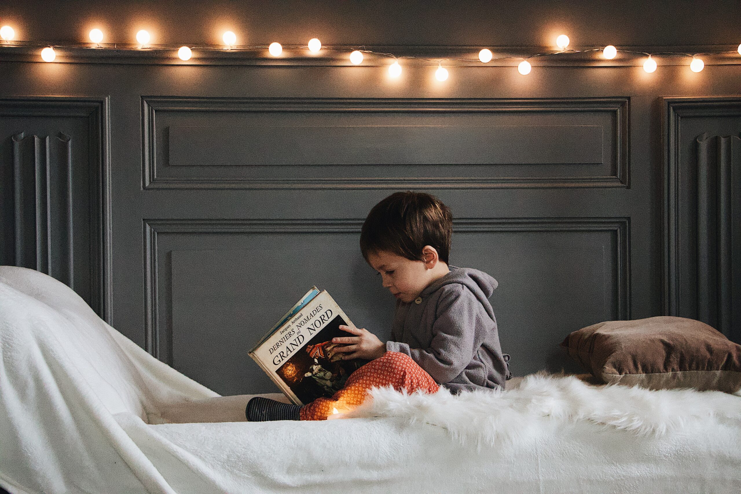 Menino, criança, livro, leitura, lendo, cama, luzes